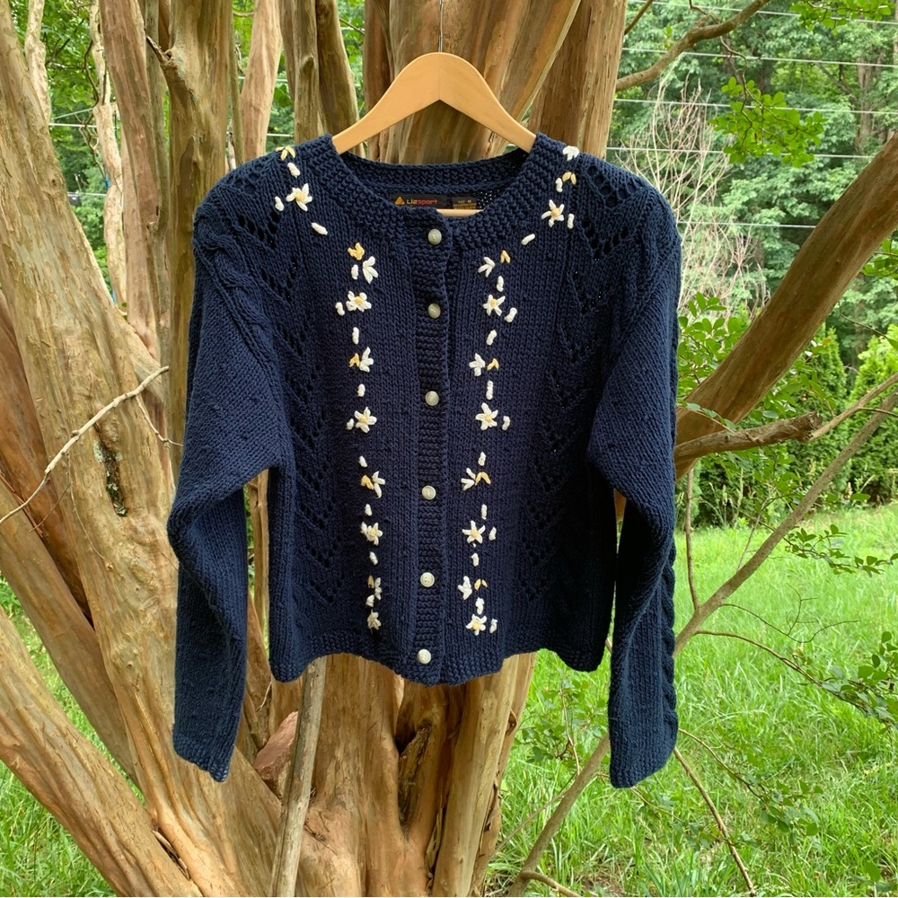 Women’s Navy Embroidered Button-Front Sweater Cardigan